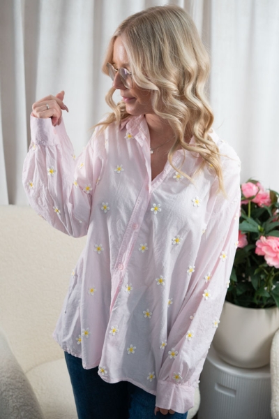 Baumwollbluse bestickt Gänseblümchen rosa