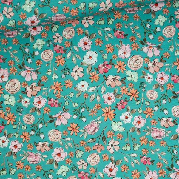 Baumwolljersey Blümchen mint
