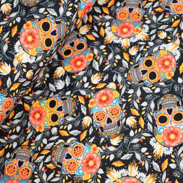 Baumwolljersey Floral Scull schwarz