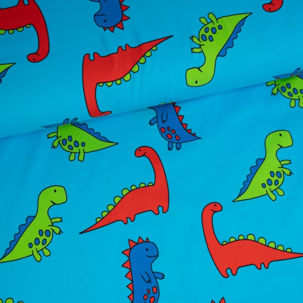 Baumwolljersey süße Dinos aqua