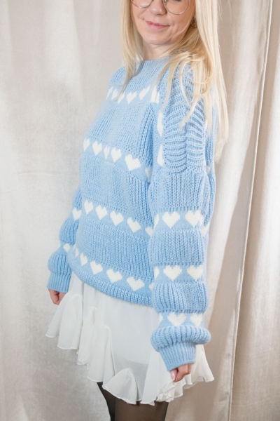 Heavy Strick Pullover Full of Hearts jeansblau