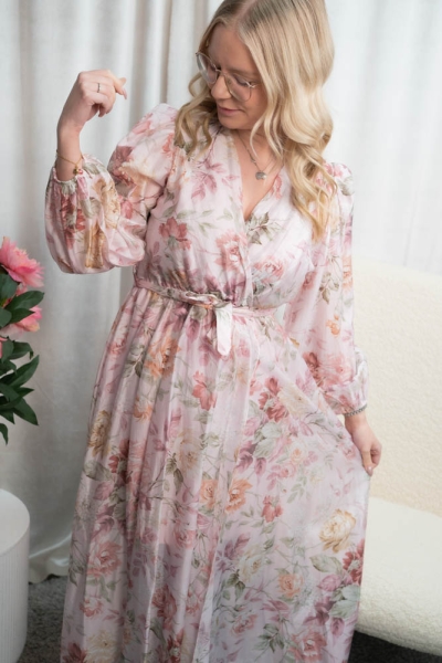 Tencel Maxikleid mit Schlitz Rosen altrosa
