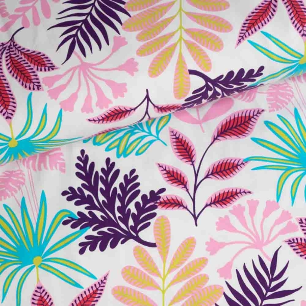 Baumwolljersey bunte Blätter ecru