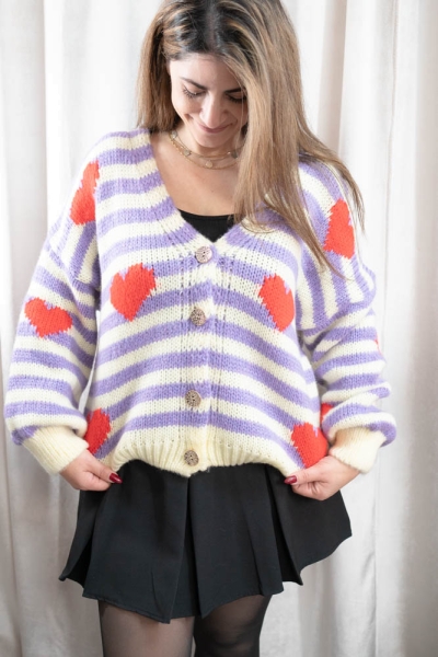Strick Cardigan Streifen & Herzen beere