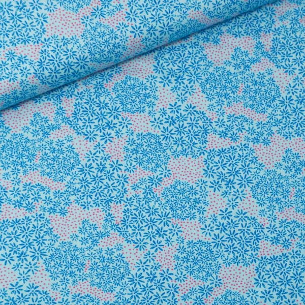 Baumwollwebware Blüten und Punkte hellblau