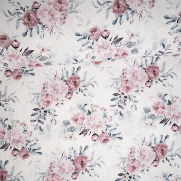 Musselin Double Gauze Digital Rosen weiß