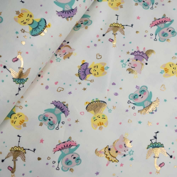 Baumwolljersey Folienprint Ballerina Tiere weiß