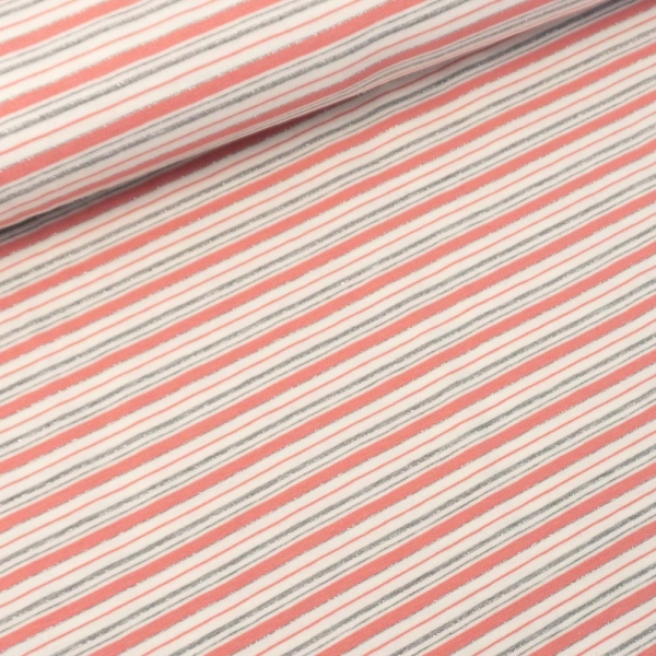 Baumwolljersey Soft Lurex Stripes ecru-grau-altrosa