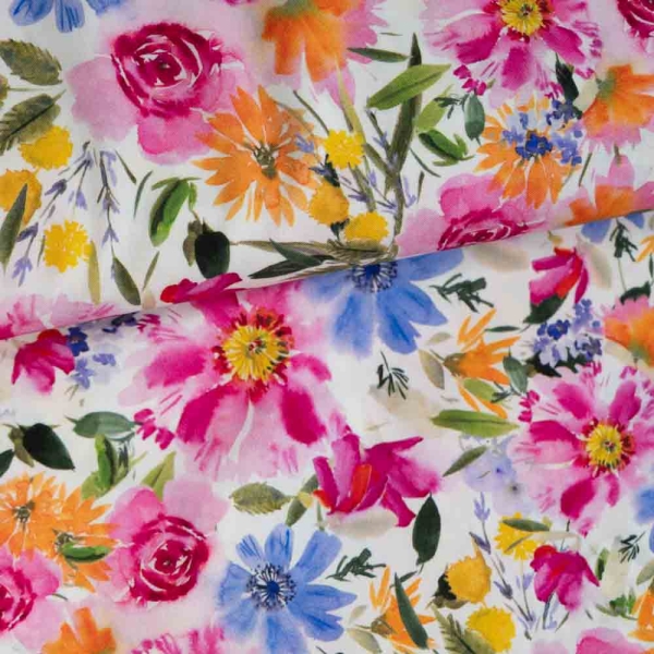 Viskosewebware Blumenwiese weiß