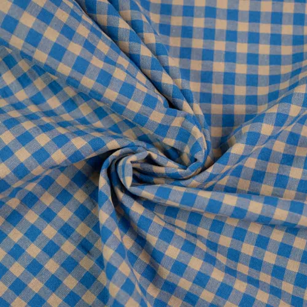 Seersucker Baumwollstoff Karo royalblau-beige