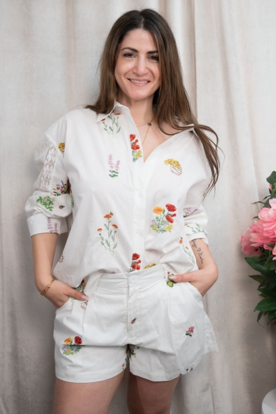 Baumwollbluse Stickerei Flowers creme