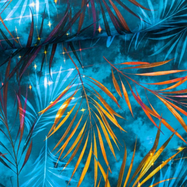 1,50m Zuschnitt Bio-Baumwolljersey Palmleaves blau