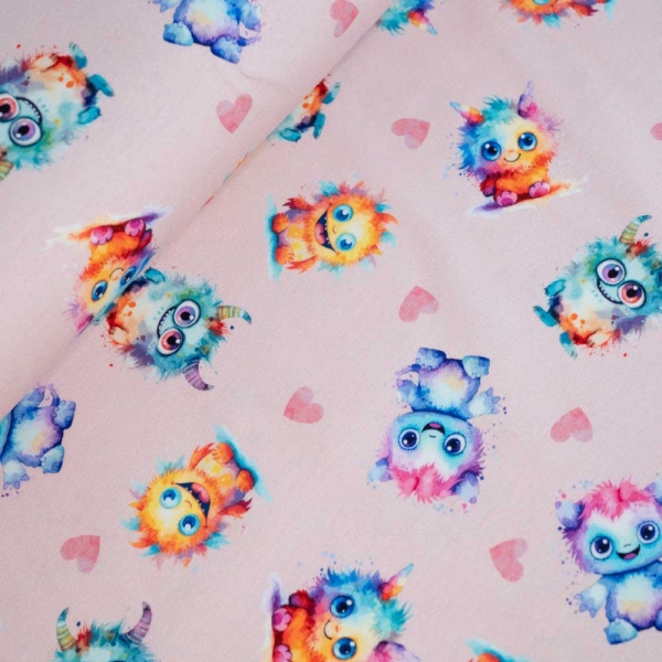 Baumwolljersey Plüschmonster & Herz rosa