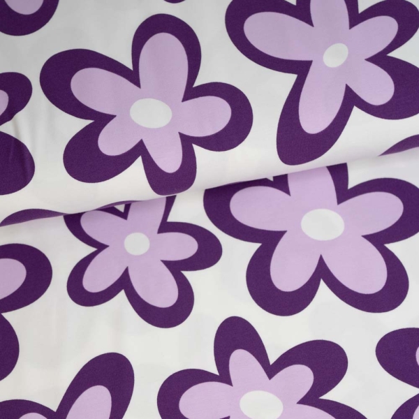 Baumwolljersey lila Blümchen ecru