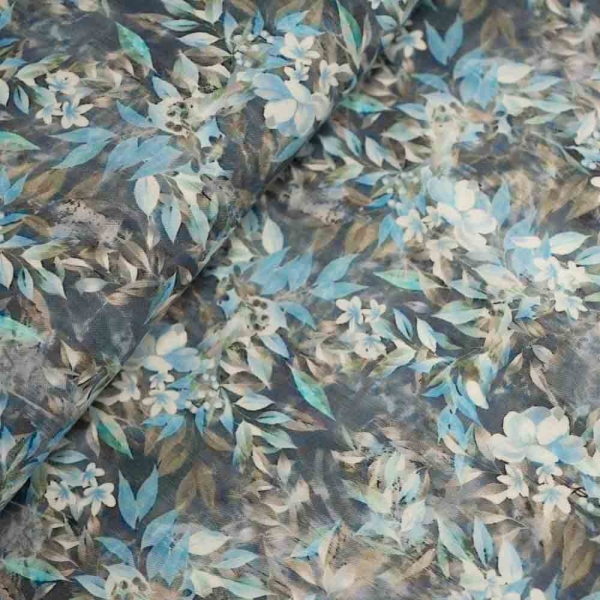 Viskosewebware kleine Blätterzweige hellblau