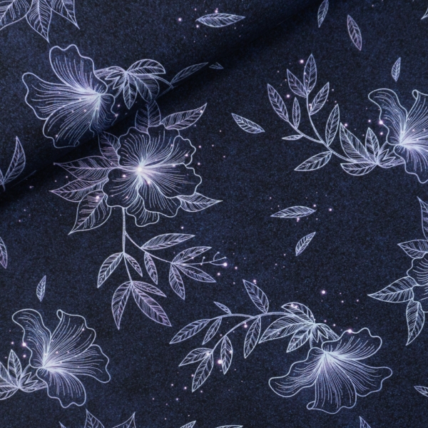 Bio-Baumwolljersey Shiny Flowers melange jeansblau