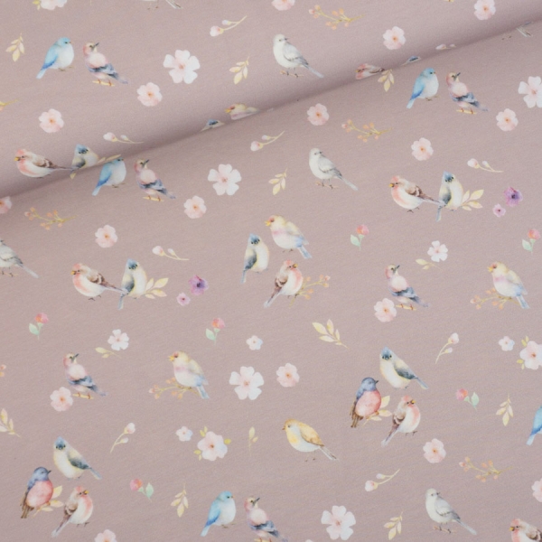 Baumwolljersey Digital Vögel Und Blüten altrosa