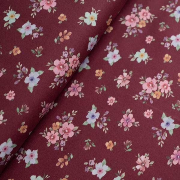Baumwoll Popeline Blümchen Bouquet bordeaux