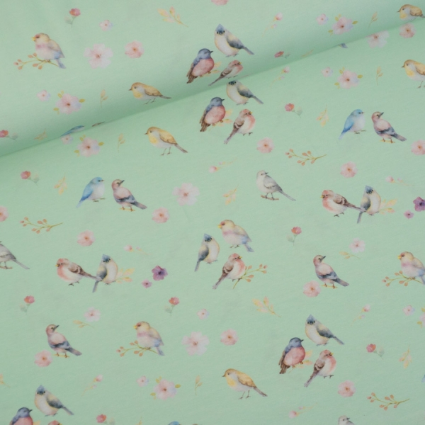 Baumwolljersey Digital Vögel Und Blüten mint