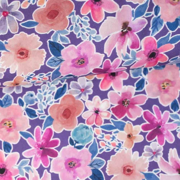 Baumwoll Popeline Line Flowers beere
