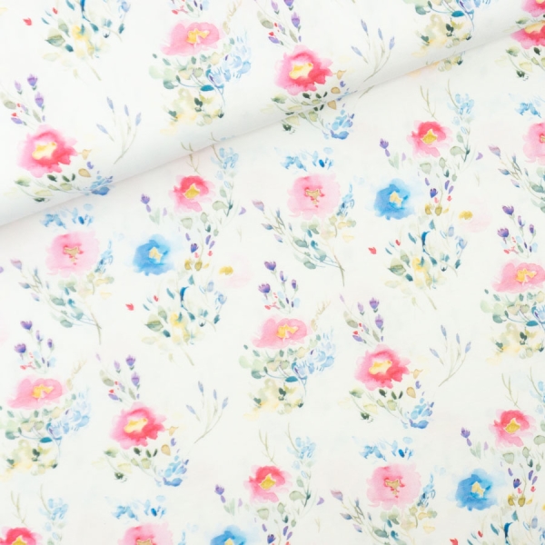 Baumwolljersey Digital Aquarell Blumen weiß