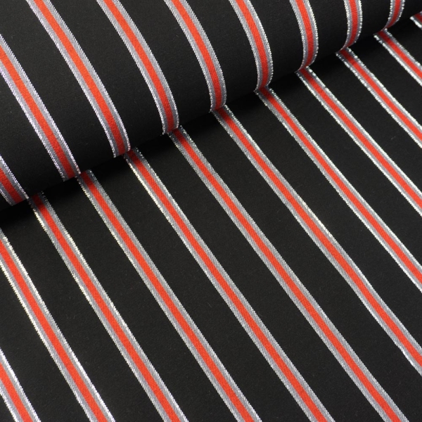 Viskosetwill Längsgestreift Glam silver schwarz-rot