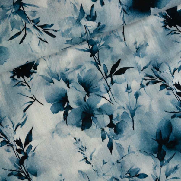 Viskose Leinen Aquarellblätter jeansblau