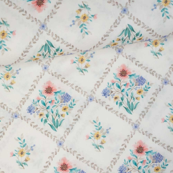 Baumwoll Popeline süße Blümchen im Viereck weiß