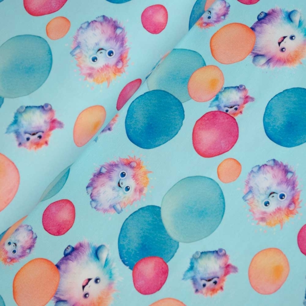 Baumwolljersey Mini Monster & Seifenblasen hellblau