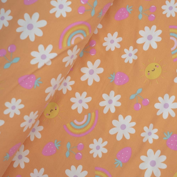 Baumwolljersey Blumen und Regenbogen apricot