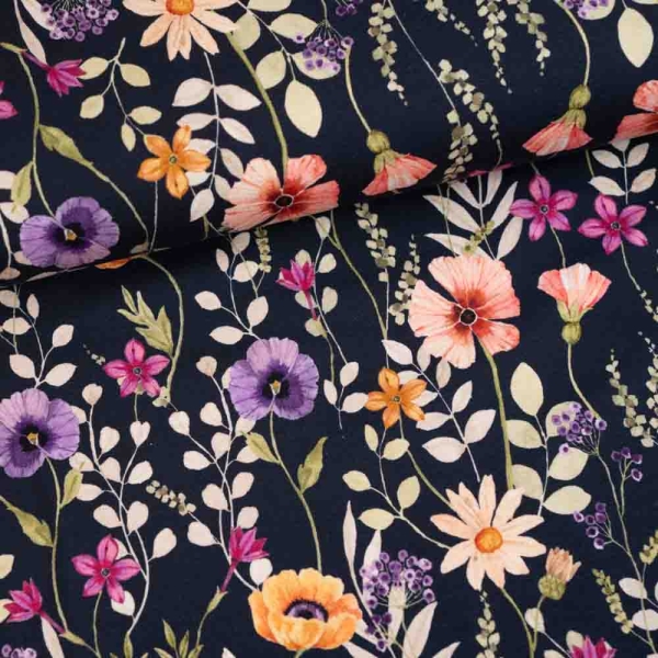 Baumwolljersey Blumenwiese dark navy