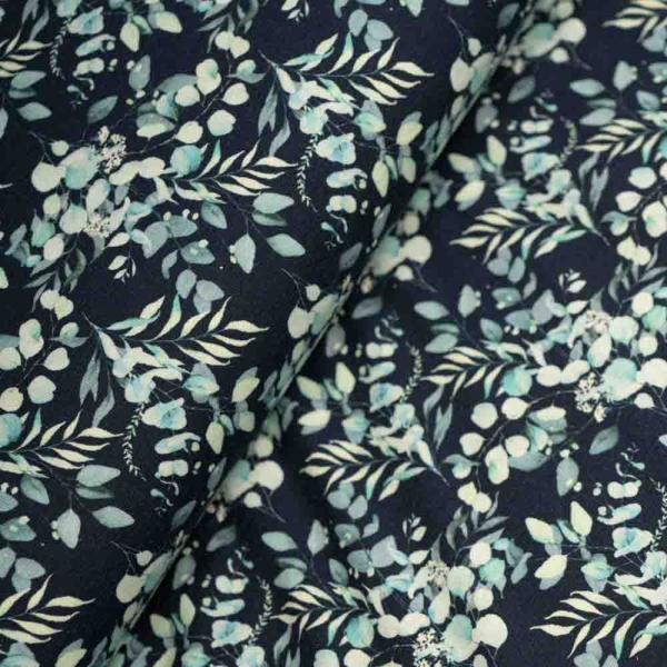 Baumwolljersey kleine Eucalyptus Blätter navy