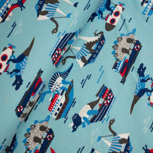 Baumwolljersey Dinos und Boote türkis