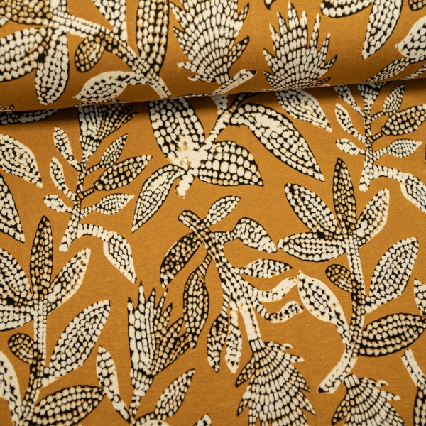 Viskosejersey Tupfenblätter senfgelb