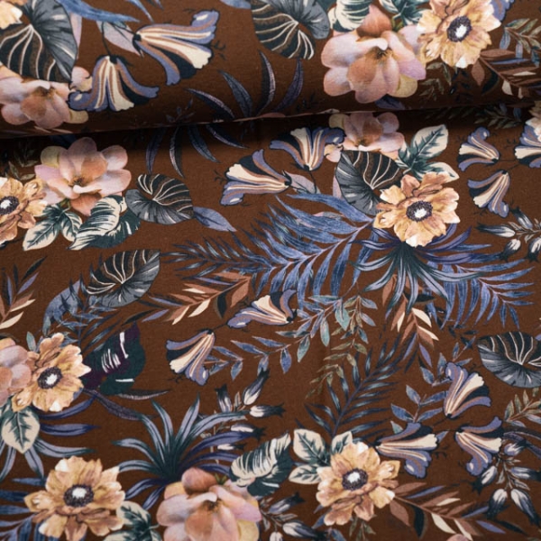 Baumwolljersey Antike Blumen braun