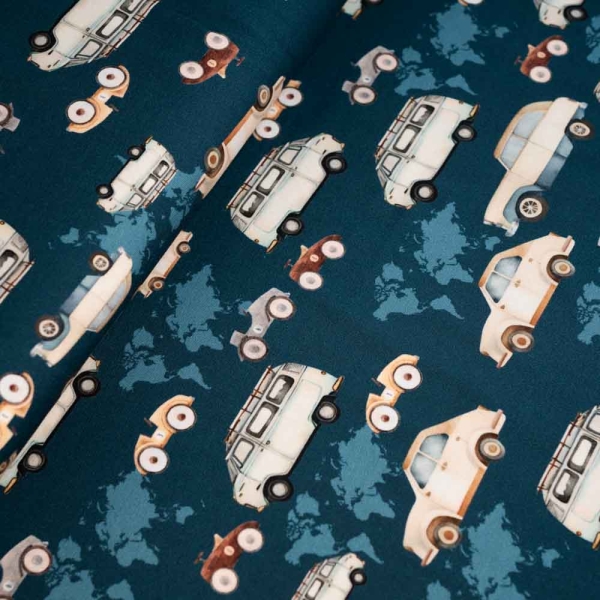 Baumwolljersey Retro Autos dunkelblau