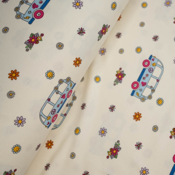 Baumwolljersey Bulli & Flower Power ecru