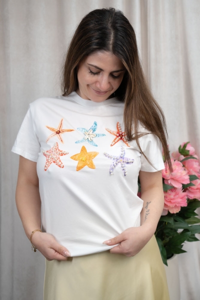 Baumwoll T-Shirt Seestern & Muscheln weiß