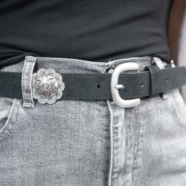 Wildledergürtel Blume 100% Echtleder schwarz silber