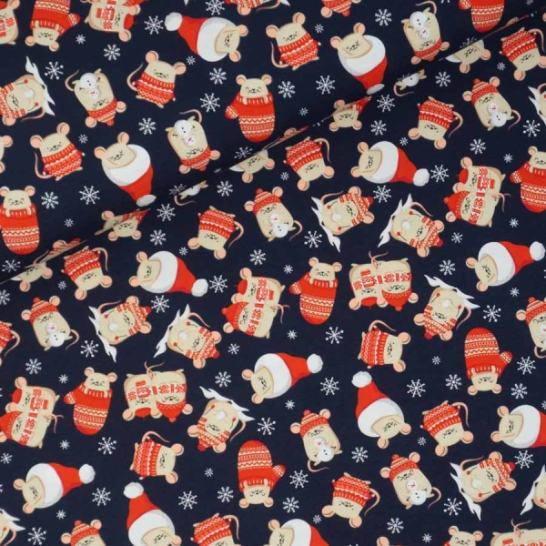 Baumwolljersey Christmas Mice in Clothes navy