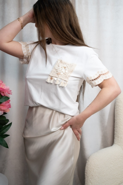 Baumwoll Häkel T-Shirt Ibiza-Style beige