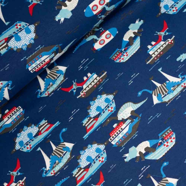Baumwolljersey Dinos und Boote dunkelblau