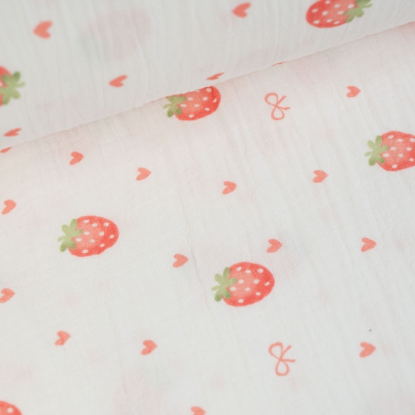 Musselin Double Gauze 250cm Überbreite Erdbeeren weiß