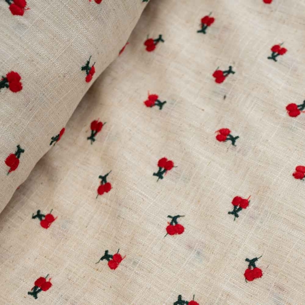Viskose Leinen Stickerei Kirschen natur