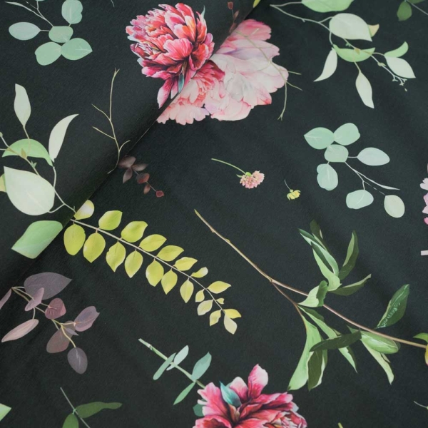 Baumwolljersey Blume & Eucalyptus schwarz