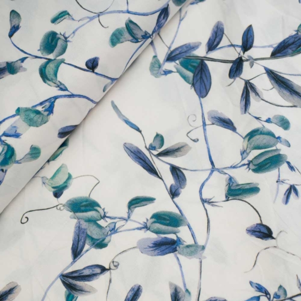 Baumwoll Popeline Stretch Blätterzweige blau