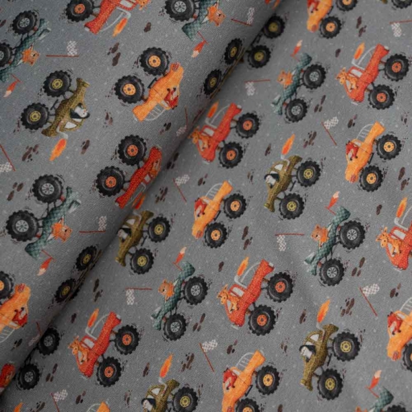 Baumwolljersey kleine Monstertrucks grau